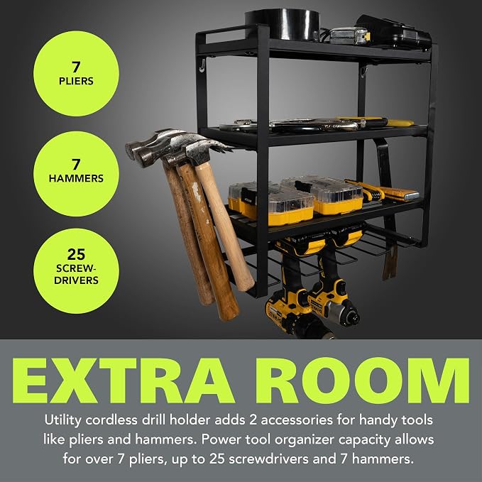 Pearington Wall Mount Power Tool Organizer, 4-Layer Drill Rack with Screwdriver, Plier, and Hammer Holders, Heavy-Duty Metal Garage Storage Shelf, Black
