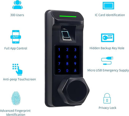 Harfo Fingerprint Door Lock, Heavy Duty Keyless Entry Door Lock, 5 in 1 Smart Door Lock with Touchscreen Keypad, Bluetooth Passcode Door Knob, Keypad Door Lock, APP Electronic Digital Lock (Black)