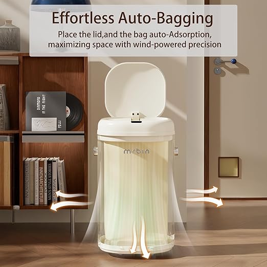 MRBIN Adsorption Metal Kitchen Motion Sensor Trash Can Removable, 18L / 4.8gal Automatic Absorbing Bag Lidded Garbage Bin with Wheels, Commercial Waste Basket for Office and Bedroom, Bathroom, White
