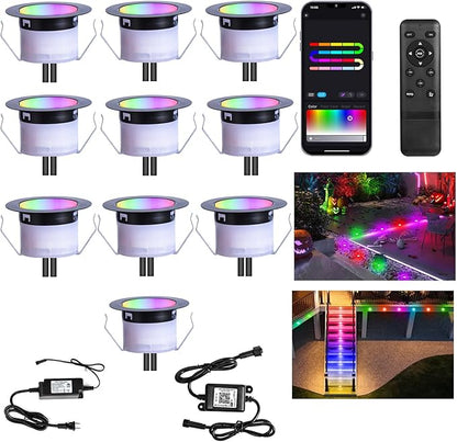 Sumaote Recessed Smart Deck Lights Kit, 10 Pack Ø 1.77" RGBW+IC Multicolor Dynamic Low Voltage Landscape Lights IP67 Waterproof Outdoor for Garden Yard Path Ground Stairs
