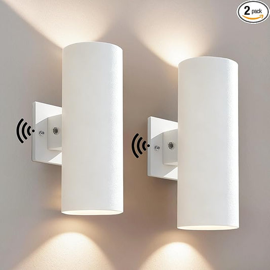Dusk to Dawn Outdoor Wall Lights, 12'' Up and Down LED Cylinder Exterior Lighting Fixtures, 23W 3000K IP65 Waterproof Wall Sconces for House, Garage, Patio, Porch, 2 Pack White