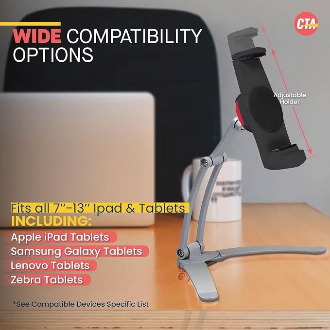 3-in-1 Mount Stand – CTA Multi-Flex Tablet Base and Support Installs on Walls or Folds for iPad 10th Gen 10.9" - 7/8/9 Gen 10.2” - Air 4 - Pro 11” - Galaxy Tab S3 - Silver (PAD-KMSB)