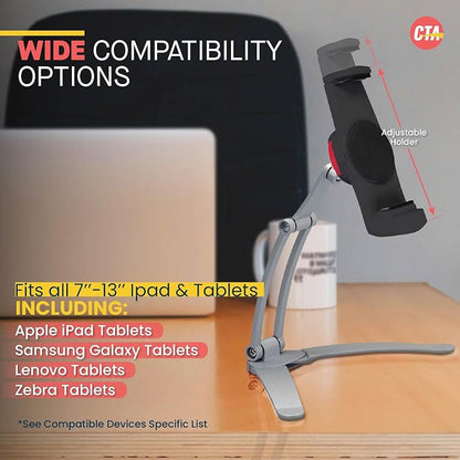 3-in-1 Mount Stand – CTA Multi-Flex Tablet Base and Support Installs on Walls or Folds for iPad 10th Gen 10.9" - 7/8/9 Gen 10.2” - Air 4 - Pro 11” - Galaxy Tab S3 - Silver (PAD-KMSB)