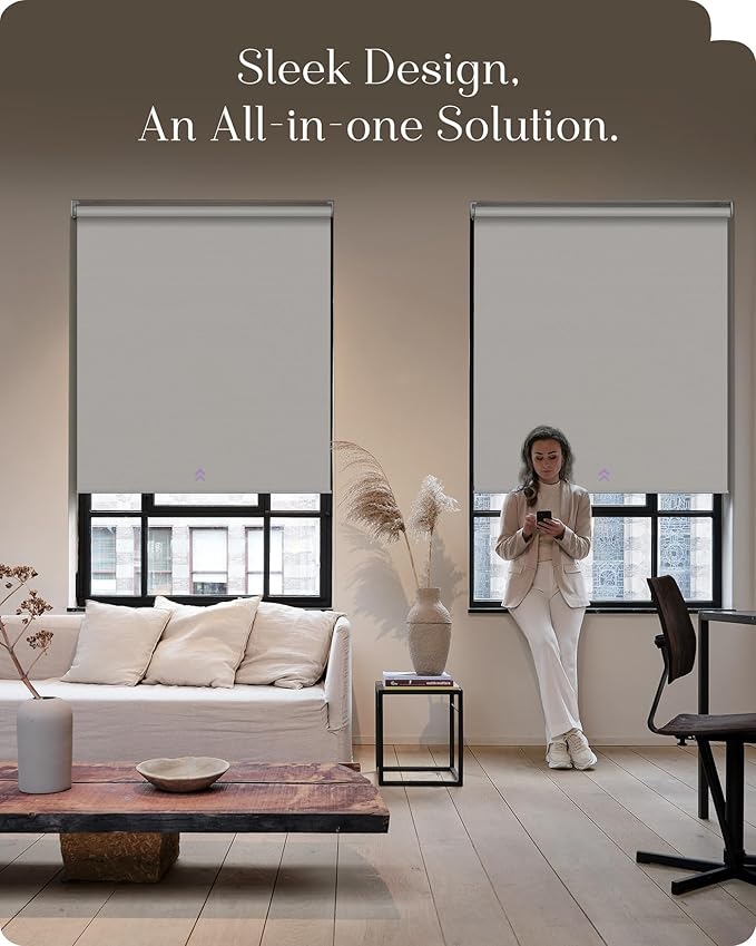 Graywind Smart Roller Shades 100% Blackout Window Blinds with APP Control Customized Automatic Shades for Home and Office(30" Wx72 H,White)