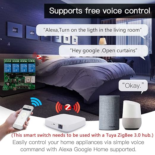 Zigbee Tuya Smart 4 Channel Smart Relay Module with 433RF Remote Control USB 5V 7-32V Jog/Lock Switch Compatible with Alexa Google Home (Requires ZigBee Hub)