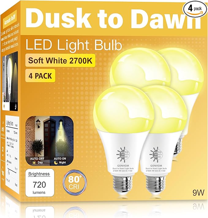Gonhom 4 Pack Dusk to Dawn Light Bulbs Outdoor, 2700K Warm White, 720LM, 9W(60W Equivalent) A19 E26 Automatic On/Off LED Sensor Light Bulbs, Dusk to Dawn Outdoor Lighting for Porch Garage Patio