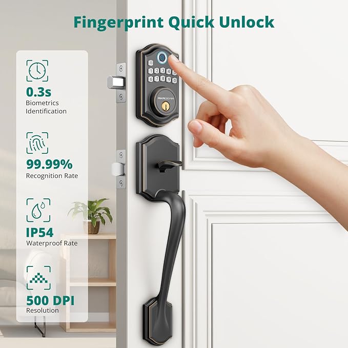AkaGear DS10 Keyless Entry Door Locks - Keypad Lock with Handle Set, Fingerprint Deadbolt, Smart Locks for Front Doors, Auto-Lock & One Touch Locking, 2 Keys, Easy Installation - Oil Rubbed Bronze