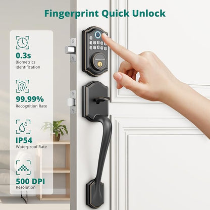 AkaGear DS10 Keyless Entry Door Locks - Keypad Lock with Handle Set, Fingerprint Deadbolt, Smart Locks for Front Doors, Auto-Lock & One Touch Locking, 2 Keys, Easy Installation - Oil Rubbed Bronze
