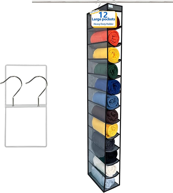 Closet Organization,12 Section,Hanging Closet Organizer,Space Saving, College Dorm Essentials for Girls, Heavy dutys Hooks Up to 45 Pounds, Clothes Storage,Closet Organizer,Grey/Black