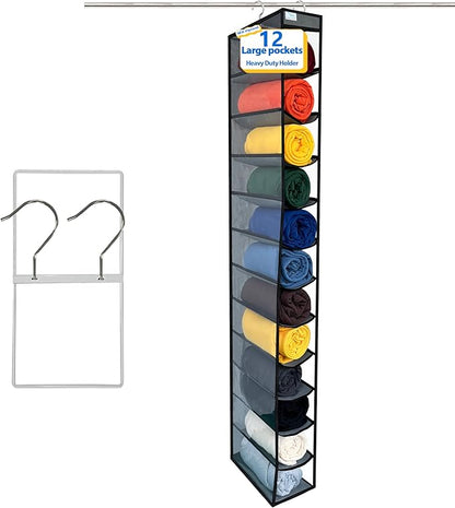 Closet Organization,12 Section,Hanging Closet Organizer,Space Saving, College Dorm Essentials for Girls, Heavy dutys Hooks Up to 45 Pounds, Clothes Storage,Closet Organizer,Grey/Black