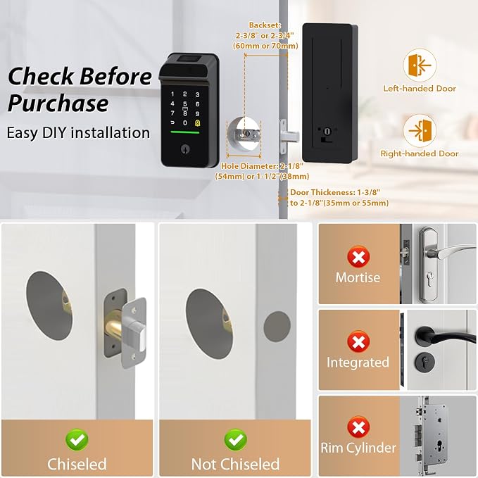 Keyless Entry Door Lock Palm Vein, Bestkid Smart Lock for Front Door with Wireless Doorbell Built-in WiFi, Biometric Deadbolt App Remote Alexa Control Auto Lock Rechargeable Battery