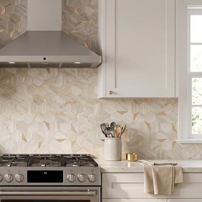 20 Sheets Hexagon Peel and Stick Backsplash for Kitchen Wall, Heat Resistant Stick on Backsplash PVC Smart Tiles, 12'' Beige Marble Waterproof Peel and Stick Wall Tiles for Bathroom