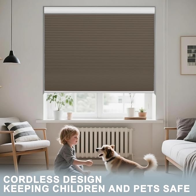 BERISSA Motorized Cellular Shades, Blackout Smart Honeycomb Blinds with Remote Control & Hub, Custom Room Darkening Automatic Cellular Window Blinds for Home Office, Living Room, Door,Brown