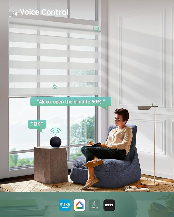 Yoolax Motorized Zebra Blinds Compatible with Alexa, Smart Dual Layer Shades with Privacy Light Control, Electric Horizontal Window Blind Customized Size for Home Office (90% Shading White Matte)