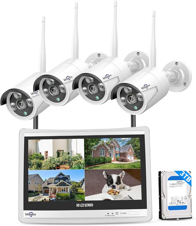 [10CH Expandable] Hiseeu All-in-One Security System with 12" LCD Monitor, 3TB Hard Drive, Wireless 4K Dual WiFi NVR, 4pcs 3MP Outdoor Bullet Cameras, Night Vision, Waterproof for Home or Business…