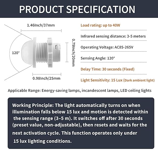 3 Packs Motion Sensor Light Switch, PIR Sensor Smart Detection Switch, 85-265V 40W, 30 Second Delay Working Under Light Below 15 Lux, Ceiling or Wall Mount, Fit for LED Lamp, Bulb Light and More