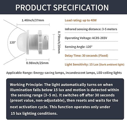3 Packs Motion Sensor Light Switch, PIR Sensor Smart Detection Switch, 85-265V 40W, 30 Second Delay Working Under Light Below 15 Lux, Ceiling or Wall Mount, Fit for LED Lamp, Bulb Light and More
