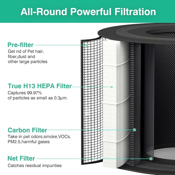 2 Pack DR-HAP005S Replacement Filters Compatible with Dreo Air Purifier, True H13 Filter, All-Round Powerful Filtration (Black)