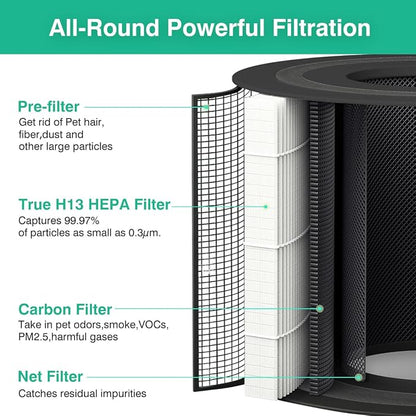 2 Pack DR-HAP005S Replacement Filters Compatible with Dreo Air Purifier, True H13 Filter, All-Round Powerful Filtration (Black)