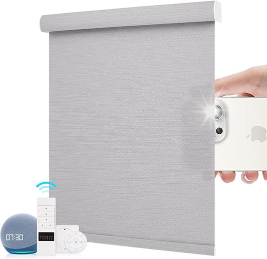 ZSTARR Motorized Roller Shades Blackout Smart Roller Blinds with Remote Control Rechargeable Blind Compatible with Alexa Automatic Window Shades for Home Custom Size (LF Champagne Grey)