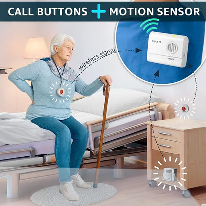 Caregiver Pager 2 Call Buttons, 1 Motion Sensor for Elderly Monitoring Fall Prevention, with an AC Adapter for the Motion Sensor