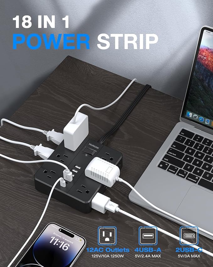 Power Strip Extension Cord, 10Ft Power Strip with USB | HUNIAN 12 Widely Spaced Outlets 6 USB Charger (2 USB C Ports), Desk Charging Station for Home Office Supplies, Black
