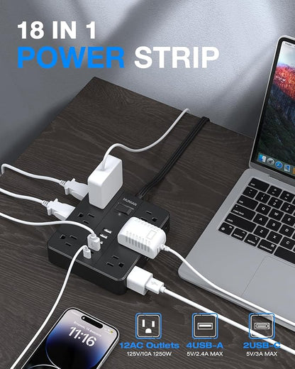 Power Strip Extension Cord, 10Ft Power Strip with USB | HUNIAN 12 Widely Spaced Outlets 6 USB Charger (2 USB C Ports), Desk Charging Station for Home Office Supplies, Black