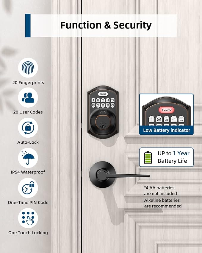 TEEHO TE002L Fingerprint Door Lock with 2 Lever Handles, Keyless Entry Deadbolt with Handle Set, Electronic Keypad Deadbolt for Front Door, Auto Lock and 1 Touch Locking, Oil Rubbed Bronze