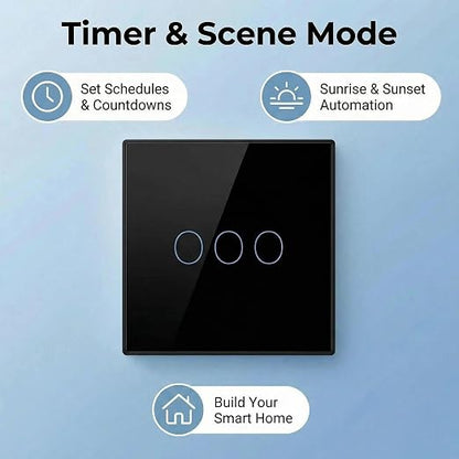 3-Way Smart Switch Wall Light Control Touch,App Remote Control,Black | 3-Way WiFi BT 433MHz RF Tuya App control, Alexa Google voice, no hub, tempered glass touch panel for home indoor lights