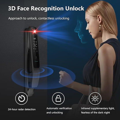 3D Face Recognition Smart Lock with Camera - Palm Vein & Fingerprint Keypad Door Handle - Video Doorbell, 4" HD Screen - Keyless Entry Electronic Mortise Deadbolt for Front Door, Waterproof