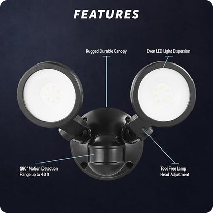 GLOBE Electric 10W Twin Head Motion Sensor LED Flood Light, 1000 Lumens, 180° Detection, 40-Ft Range, 4000K Daylight, Hardwired, Weather Resistant, 17000200