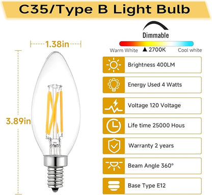 B11 Type B LED Filament Bulb, E12 Base, 4W/40W Equivalent 2700K Warm White – Clear Glass, Dimmable, Ideal for Chandeliers, Wall Sconces & Decorative Lighting, 6-Pack(2700K)