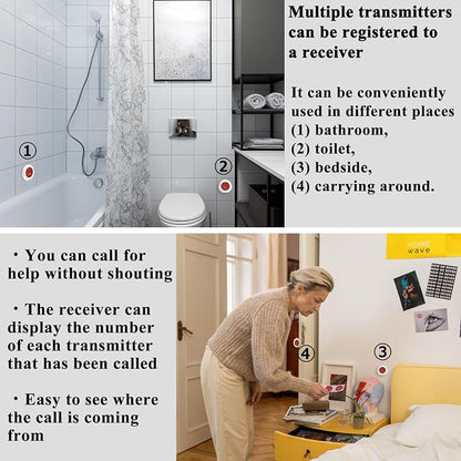 Caregiver Pager Wireless Call Button for Elderly Alert in Home Nurse Call Bell Alarm System with LED Number Display for Seniors/Patient/Disabled at Nursing Home,Hospital,Clinic
