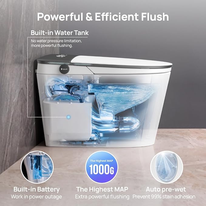 Smart Toilet with Bidet Built-in: Bidet Toilet with 5L Tank, Remote with Display, 5 Level Adjustable Heated Seat& Wash &Dryer, One Piece Toilet with Auto Flush Lid&Seat, Foam, Foot Sensor, UV-C Light