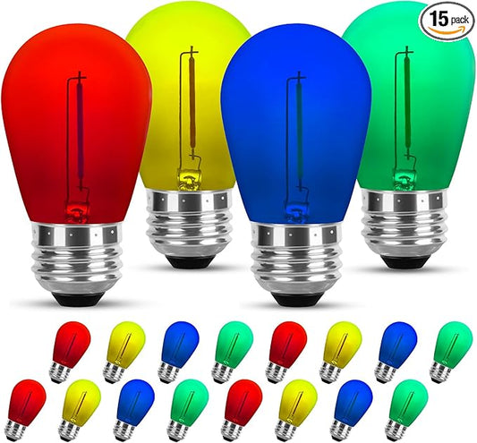 S14 Colored LED String Light Bulbs Replacement 16 Pack, 1W Multi-Color Edison Bulb E26 Medium Base Plastic Shatterproof for Home Outdoor Decor