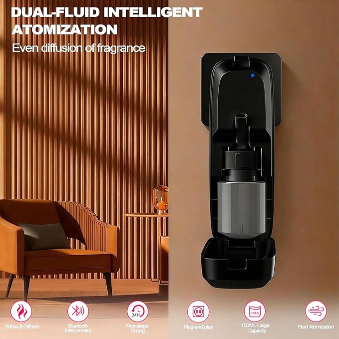 Smart Waterless Diffuser Plug in Wall for Essential Oils, App Control, 100ML, Covers Up to 800 sq ft for Home, Office, Spa & Studio - Black