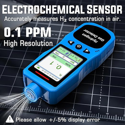 Hydrogen Gas Detector 0-1000 PPM, 0.1 PPM High Accuracy H2 Monitor with 3 Types Alarm, Rechargeable Hydrogen Meter, Portable H2 Air Quality Meters with Temperature Humidity Tester