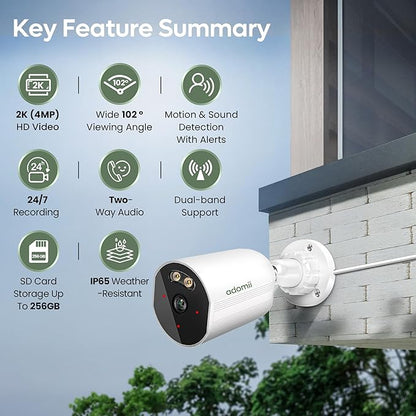 adomii 2K Security Cameras Wireless Outdoor, 33ft Night Vision, IP65 Weatherproof, 2-Way Audio Home Security WiFi Camera Motion Detector for Home Security
