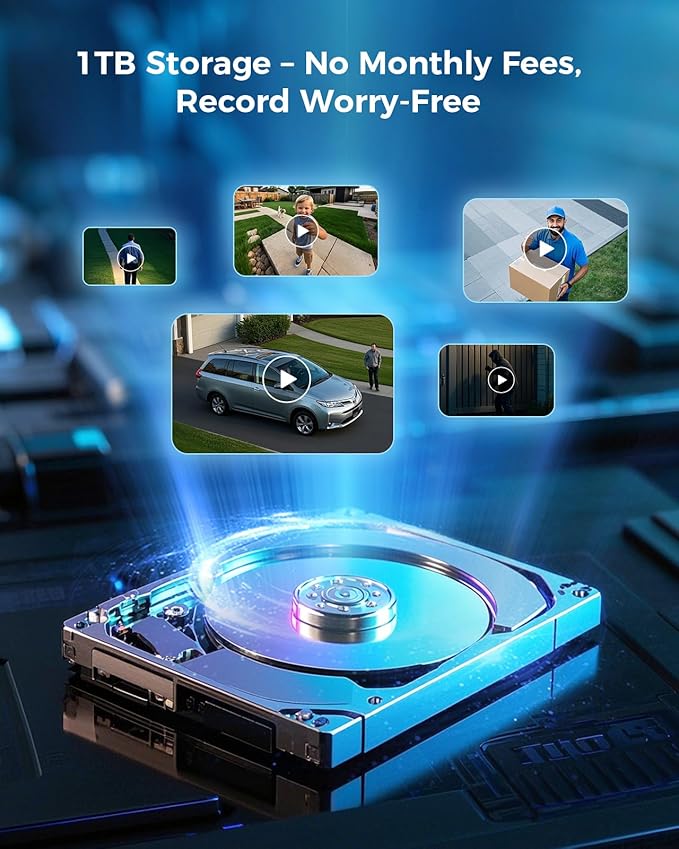 Hiseeu Solar Security Cameras Wireless Outdoor, Auto Tracking Dual-Lens Wireless Cameras for Home Security with 10" Touchscreen, 2.4 & 5GHz WiFi Pro 4MP 4 Cam-Kit, 2 Way Audio, 1TB HDD, 0 Monthly Fee