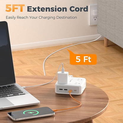 TESSAN Dual Surge Protector Power Strip, 5 Ft Extension Cord Flat Wall Plug with 4 USB (2 USB C) 8 Outlets, 2100J Protection, 1875W 15A, 20W Multiple Charging Station for Home, Office, Dorm, Grey