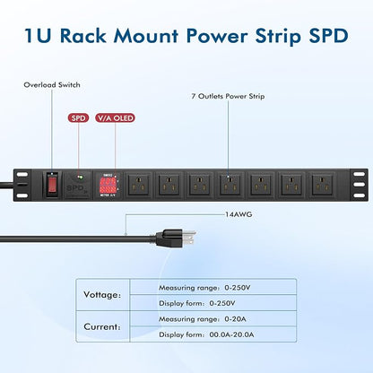Metered PDU 19 Inch, 7 Outlets Rack Mount Power Strip PDU, SPD, 125V 15A 1U Rackmount Surge Protector Power Strip with OLED Screen Amp Voltage Power Display