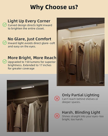 EZVALO 17-Inch LED Motion Sensor Closet Lights, 3600mAh Rechargeable Battery Operated, 150 Lumens No-Glare Curved, 3 Color Temperatures & Dimmable Wardrobe Lights for Pantry & Shelves - 3 Pack