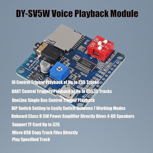 Diann 4pcs MP3 Voice Playback Module DY-SV5W Player Music Voice Board IO Trigger UART Serial Adapter Control Playback Module Sound Board Amplifier Board Support 32G Card