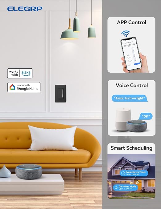 ELEGRP Smart Dimmer Light Switch DTR10, Single Pole Setup, 2.4GHz Wi-Fi Touch Dimmer Compatible with Alexa/Google Assistant, Needs Neutral Wire, No Hub Required, UL Listed, Matte Black, 6 Pack