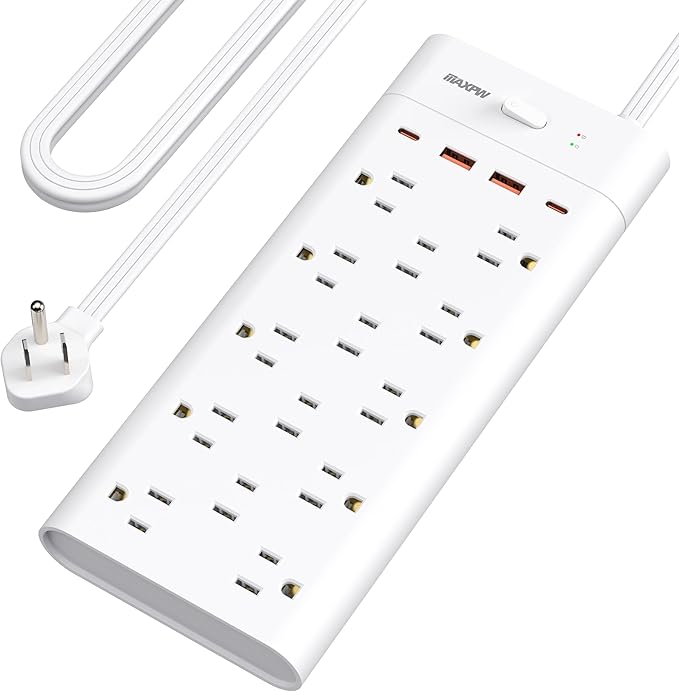Power Strip, Surge Protector with 14 Outlets and 4 USB Ports (2 USB C), 10 Ft Flat Plug Extension Cord, 1700 Joules, Wall Mount for Home, Office, Dorm, White