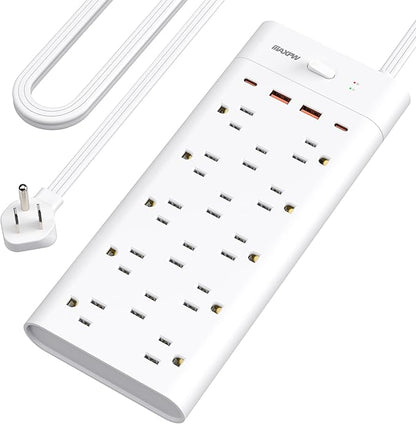 Power Strip, Surge Protector with 14 Outlets and 4 USB Ports (2 USB C), 10 Ft Flat Plug Extension Cord, 1700 Joules, Wall Mount for Home, Office, Dorm, White