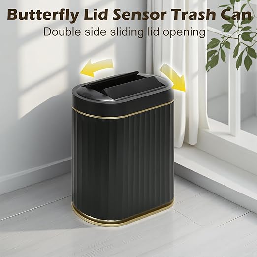 SYNCVIBE Bathroom Trash Can with Lid Butterfly 2 Gallon Sensor Trash can, IPX5 Waterproof Garbage Can, Automatic Slim Trash Bin, Under-Counter Wastebasket Bathroom Decor for Kitchen, Black Gold