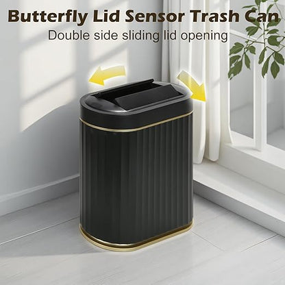 SYNCVIBE Bathroom Trash Can with Lid Butterfly 2 Gallon Sensor Trash can, IPX5 Waterproof Garbage Can, Automatic Slim Trash Bin, Under-Counter Wastebasket Bathroom Decor for Kitchen, Black Gold