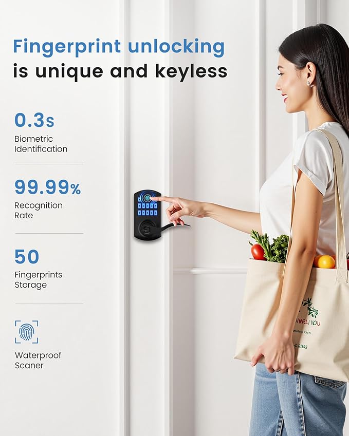 Hidalife Fingerprint Keypad Door Lock with Handle, Keyless Entry Door Lock for Front Door, Easy Passage Mode, Electronic Door Lock with Code, Matte Black