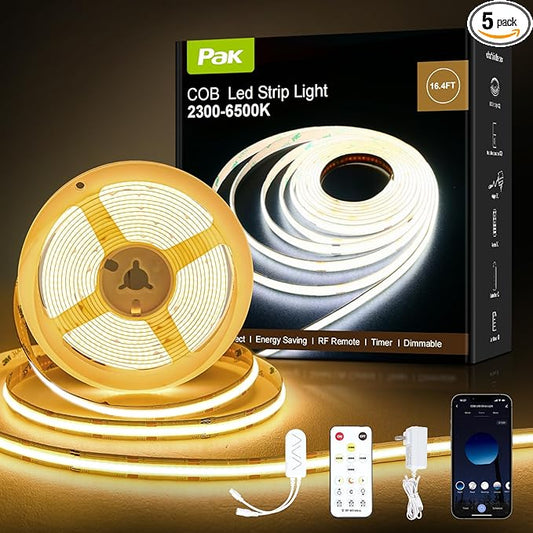 COB LED Strip Lights 16.4ft, Dimmable White CCT Tunable 2300K-6500K, DC 24V High Lumen Cuttable LED Tape Light, 3040 LED 36W CRI 90, APP Remote Control, Music Mode, For Home DIY, Living Room, Bedroom